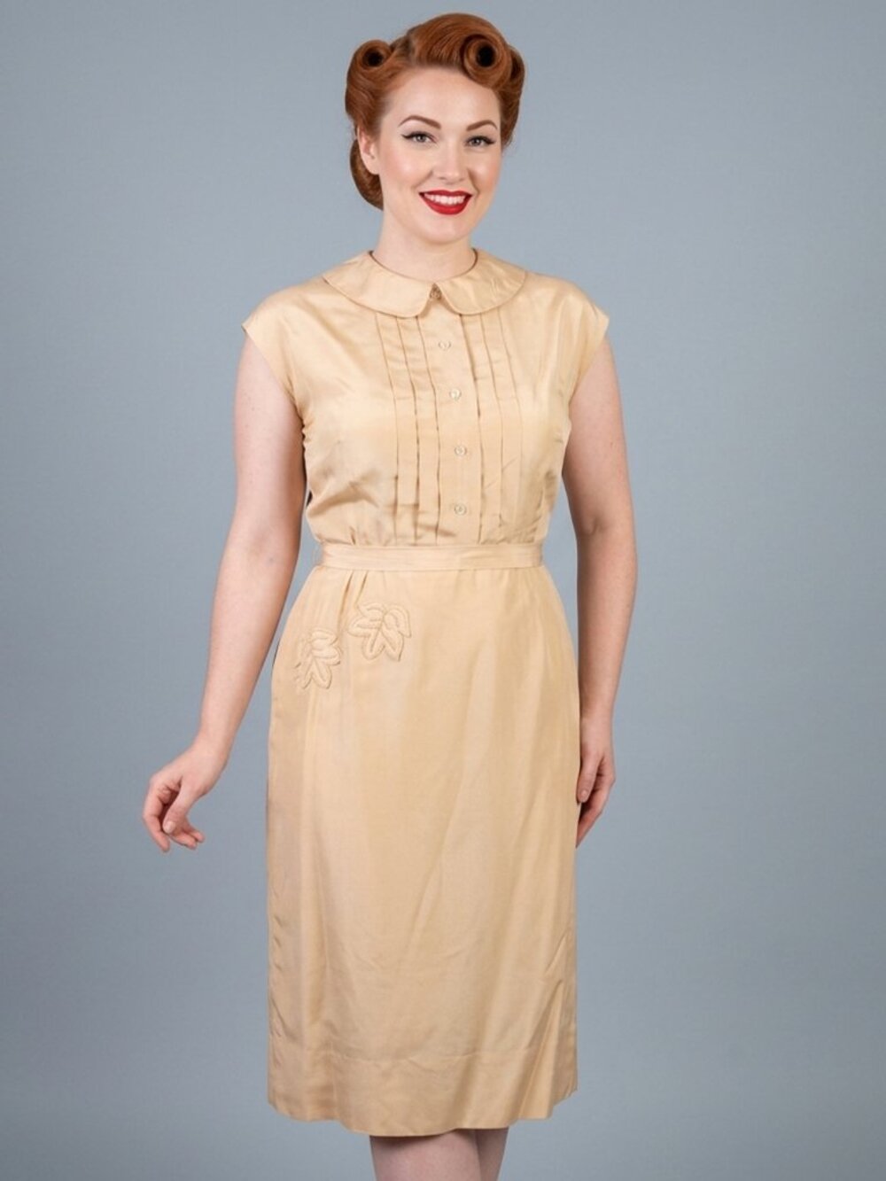 Vintage 50s Susan Thomas Silk Skirt Top Set XL Embroidery Peter Pan Dress